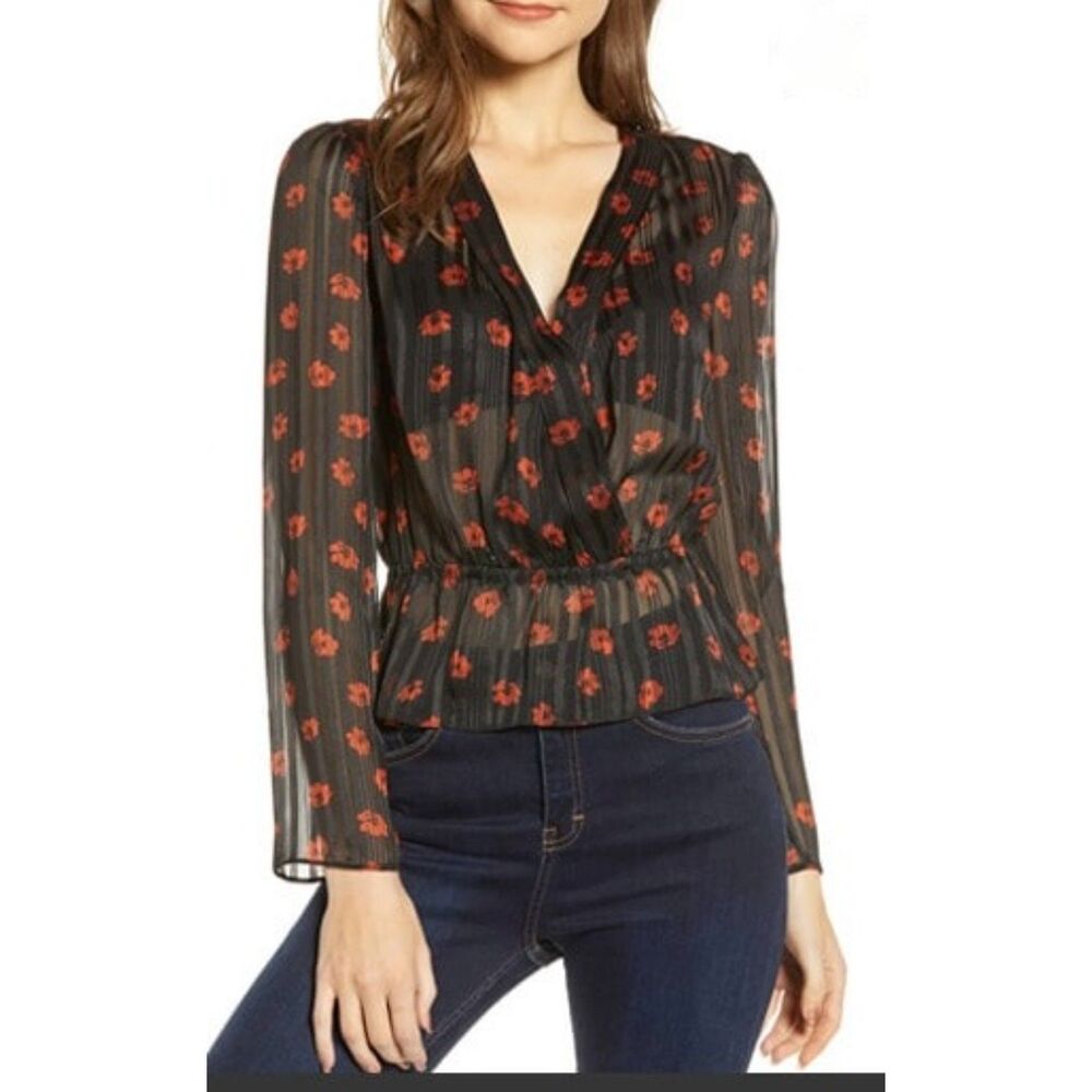 WAYF Virginia Peplum Surplice Blouse Black Floral Semi Sheer Size M